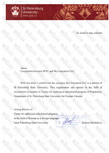 Certificate of Official Representative St. Petersburg State University Sky Education